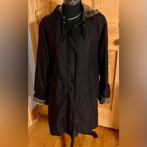 Halston Lifestyle SZ 12 Vintage Black Hooded Trench Rain Coat with Leopard Trim